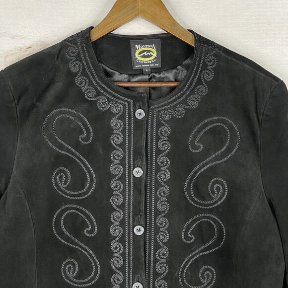 Montana Co Leather Jacket Womens L Black Embroidered Button Up Lined Cowgirl - Picture 2 of 13